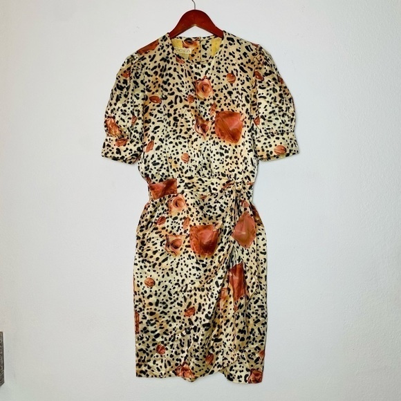 ESCADA Vintage Silk Floral Leopard Print Faux Wrap Dress Size 38 - Picture 1 of 15